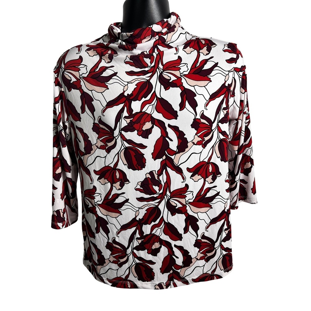 Liz Claiborne‎ Shirt Womens Small White Red Floral Mock Neck Stretch Top